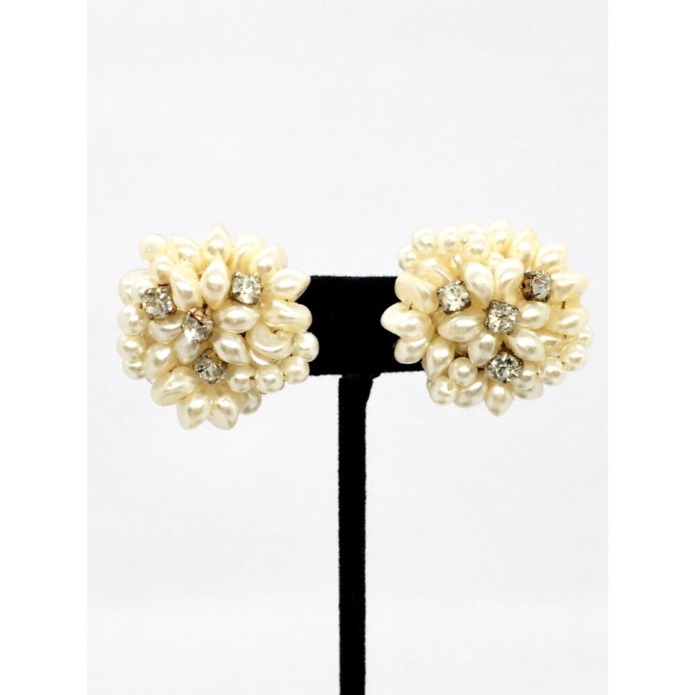 Vintage Cluster Earrings Faux Pearl Rhinestone Clip On Mid Century MCM